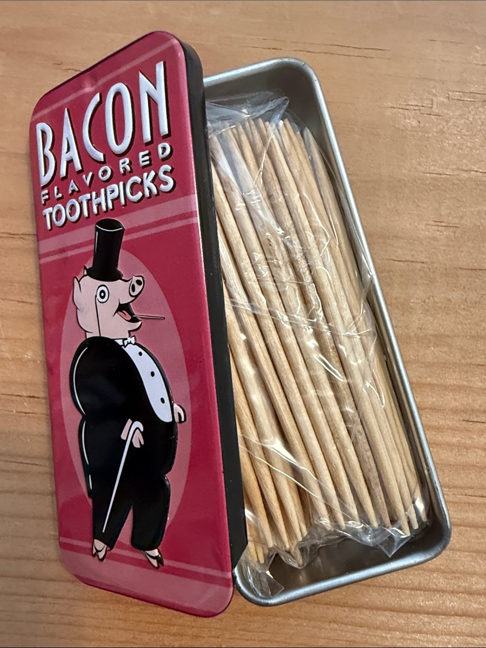 New! Bacon Flavored Toothpicks in reusable sliding tin, 80 count - unopened